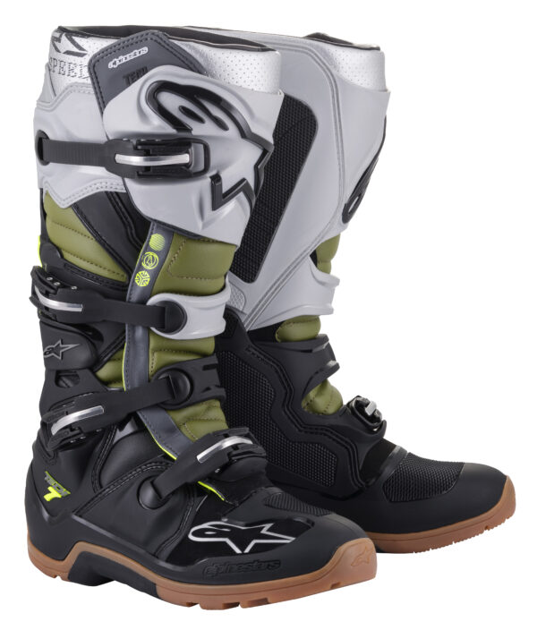 ALPINESTARS TECH 7 ENDURO BOOTS BLK/SLVR/MLTRY GRN SZ 10 - 2012114-1916-10