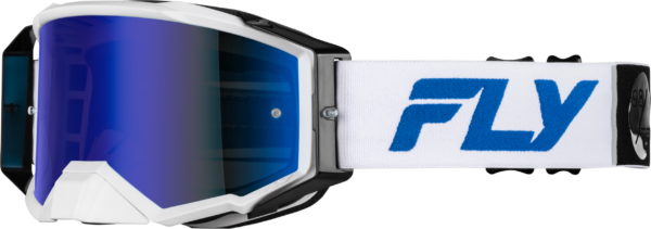 FLY RACING ZONE PRO GOGGLE WHITE/BLUE W/ DARK BLUE MIRROR/SMOKE LENS - 37-5188